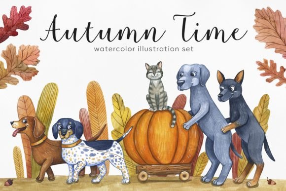 Dog Autumn Watercolor Set Illustration: A Creative Resource for Designers