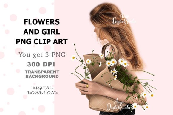 Flowers and Girl Digital PNG Clip Art